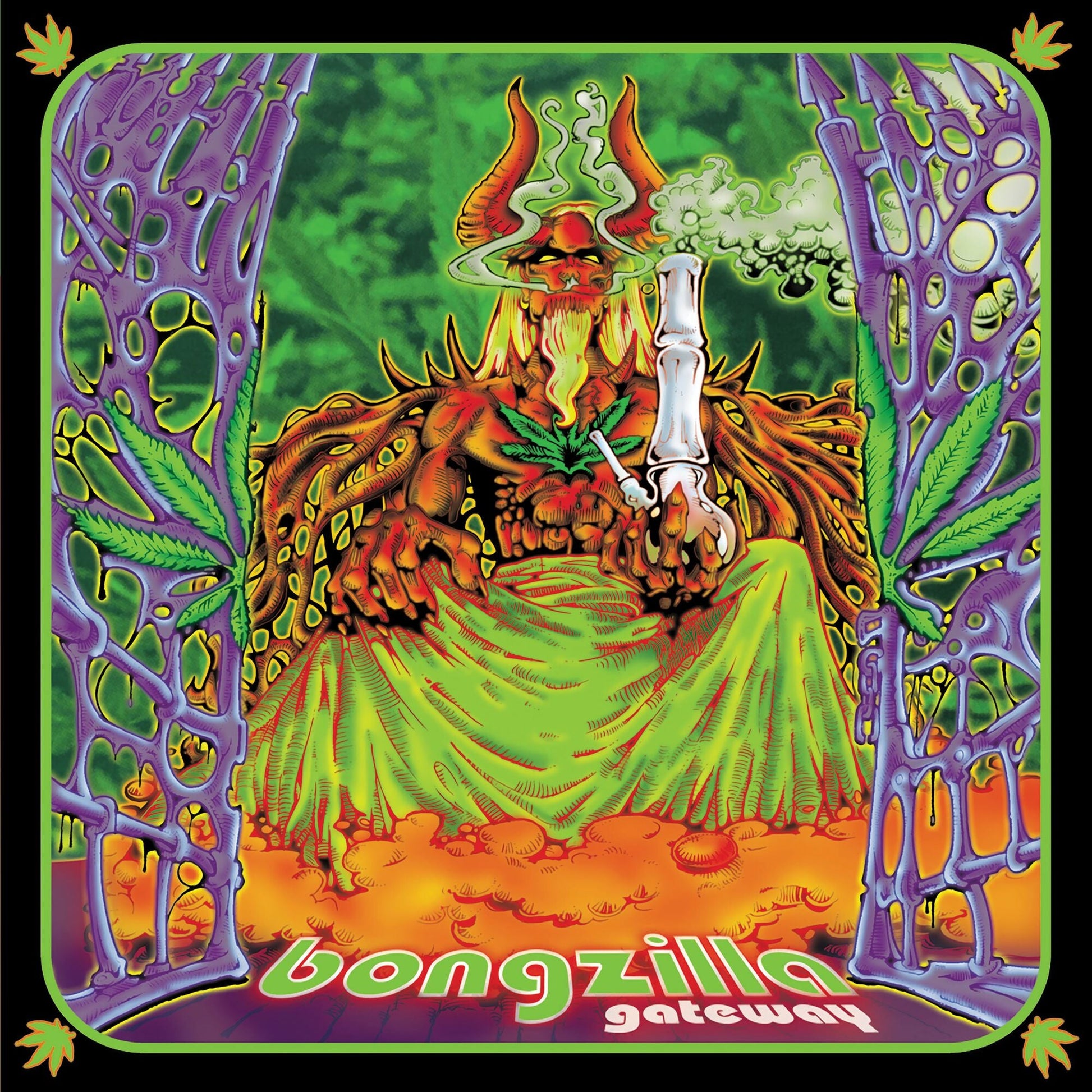 Psychedelic album cover featuring a red, horned monster smoking a joint amidst foliage.