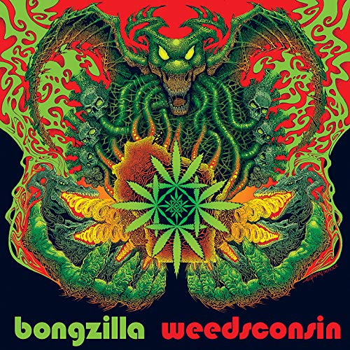 Green dragon monster with cannabis leaf, album art for Bongzilla’s “Weedsconsin”.