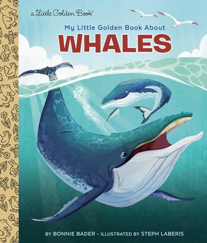 Two blue whales swim in the ocean on the cover of a children's book.