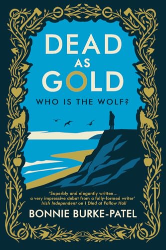 Book cover: “Dead as Gold” with gold frame, blue sky, and coastal scene.
