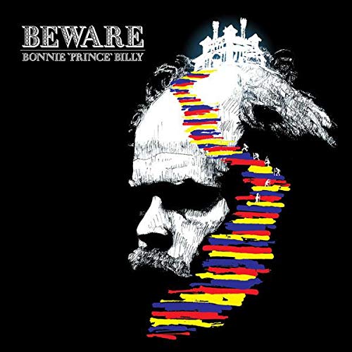 Black and white portrait with colorful stripes, castle illustration, album cover.