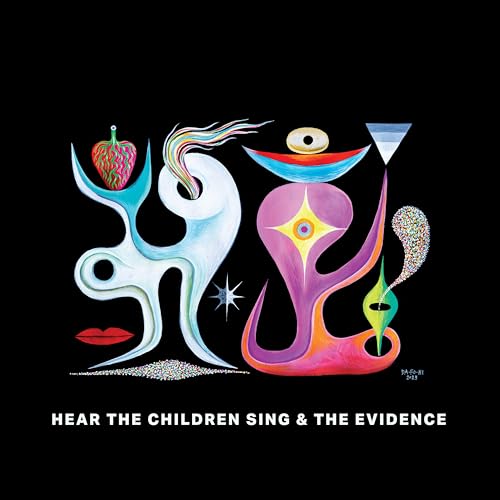 Abstract colorful shapes and forms on a black album cover.