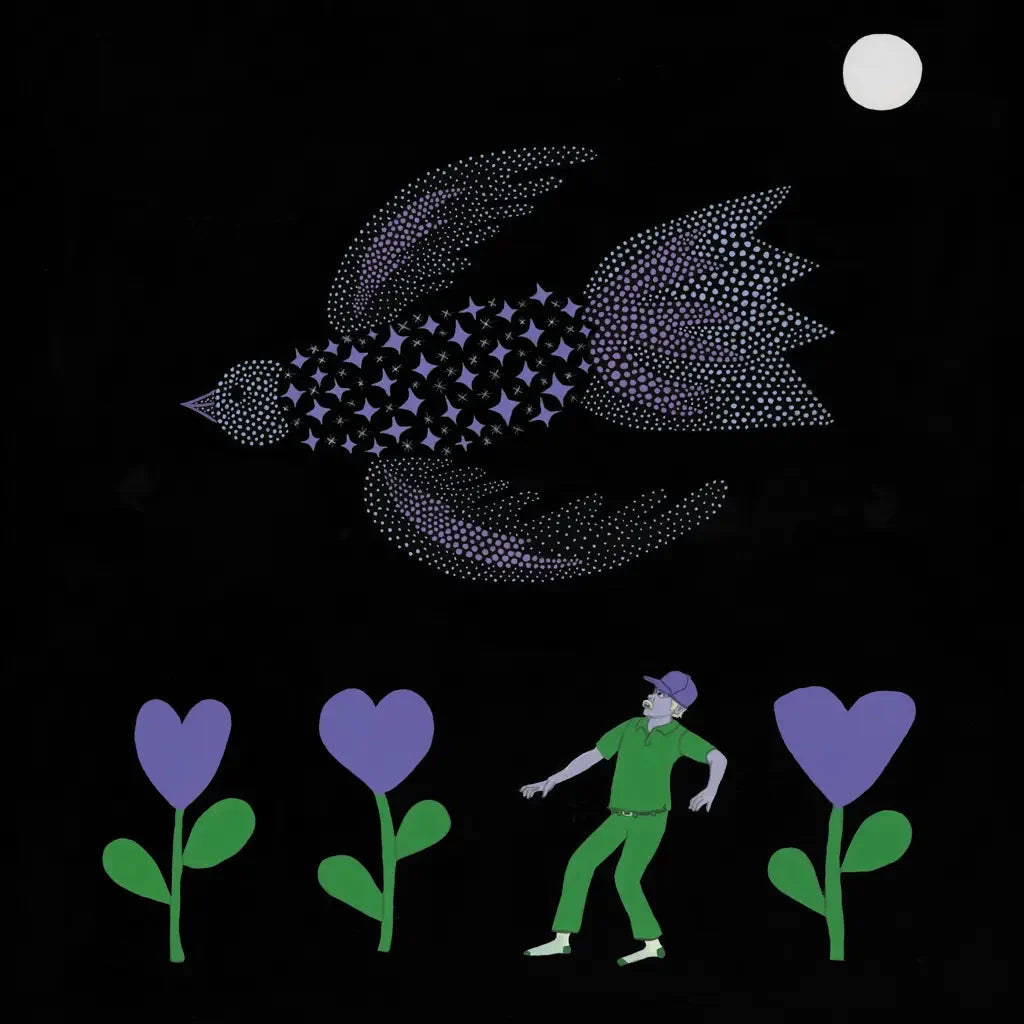 Black background with a dotted purple bird, flowers, and a figure.