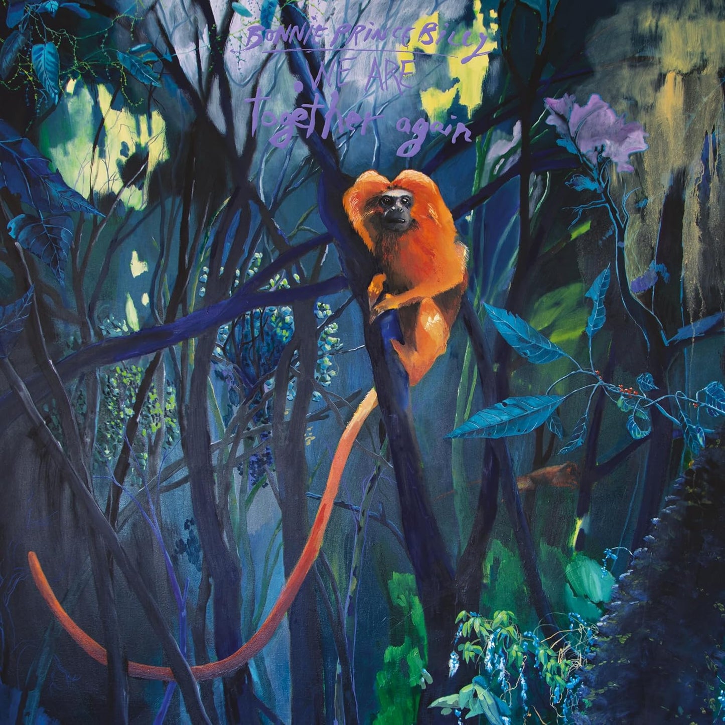 A painting of a golden lion tamarin monkey perched in a dark, blue-toned forest.