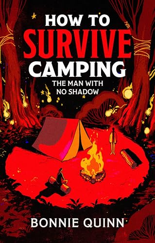 Book cover with a red campsite, tent, campfire, and two figures in a forest.