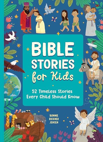 Colorful illustrated cover of “Bible Stories for Kids” book with biblical scenes.