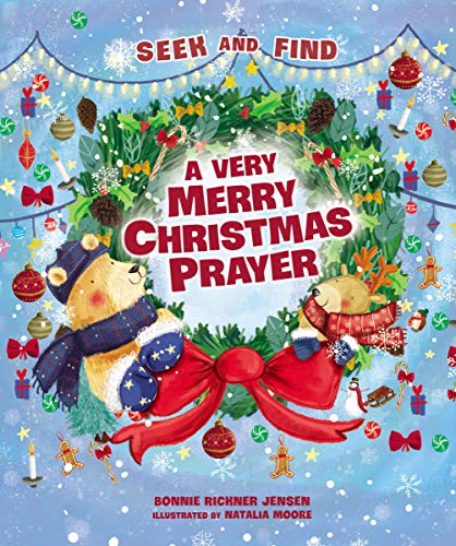 Christmas seek and find book cover with a bear, reindeer, and wreath.
