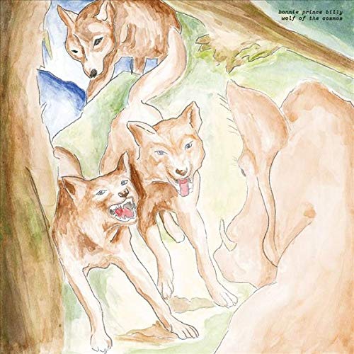 Watercolor painting of four wolves with a blue sky background.