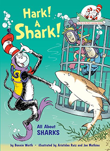 The Cat in the Hat in scuba gear observes a shark near a diving cage.