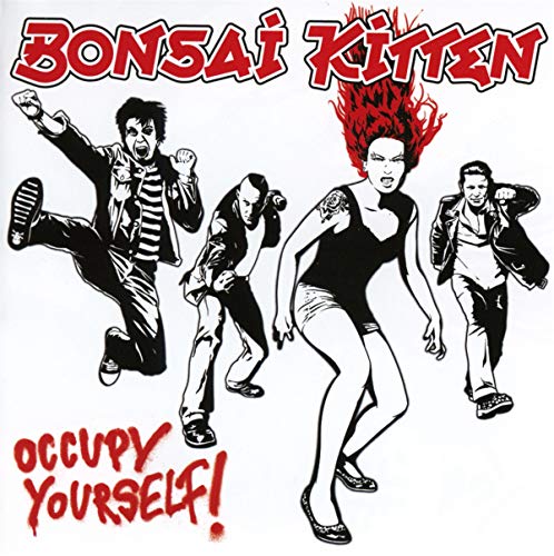 Black and white illustration of four people in dynamic poses, red text.