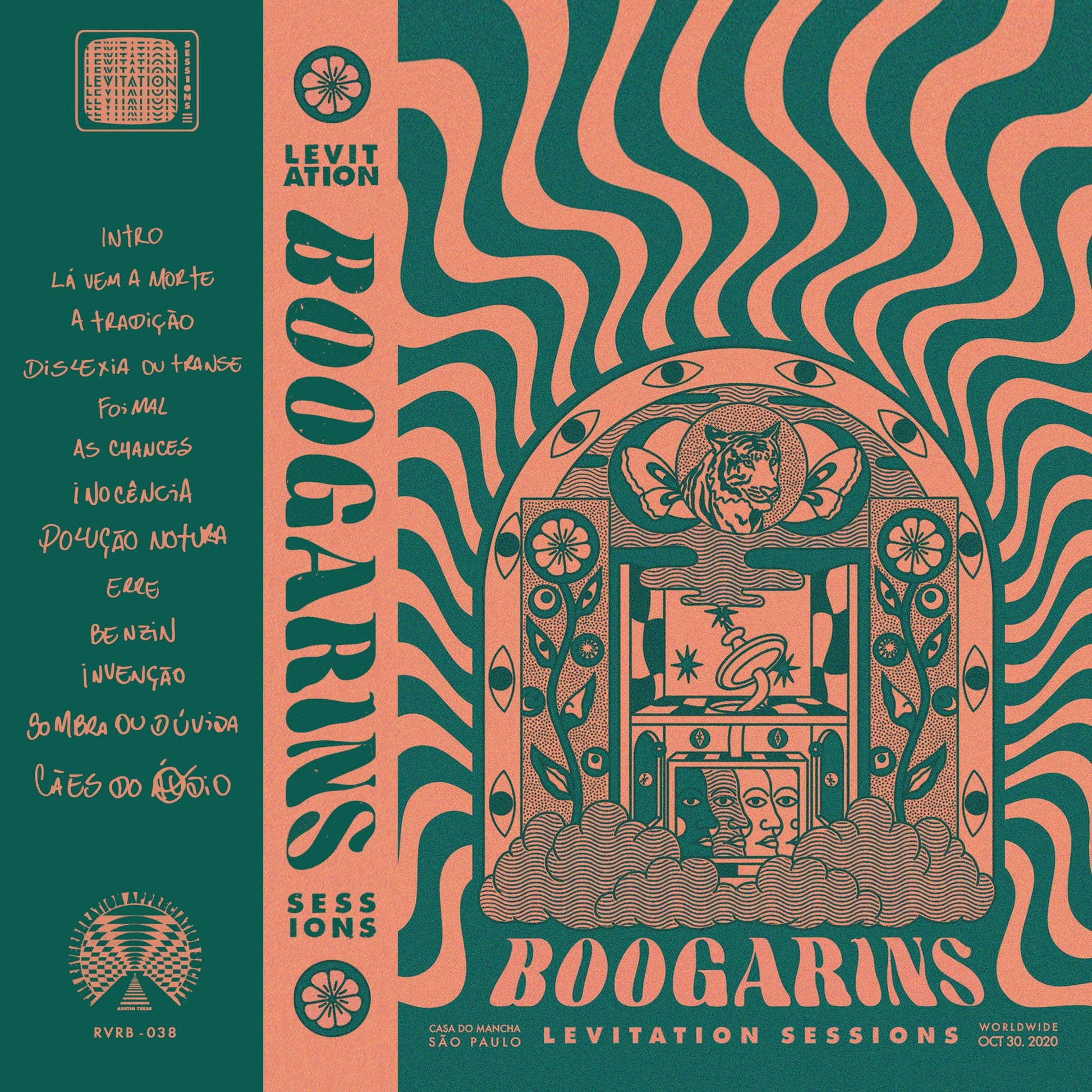 Vinyl cover art featuring psychedelic green and peach wavy patterns with a tiger illustration.