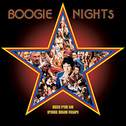 “Boogie Nights” soundtrack vinyl cover with a star filled with film stills.