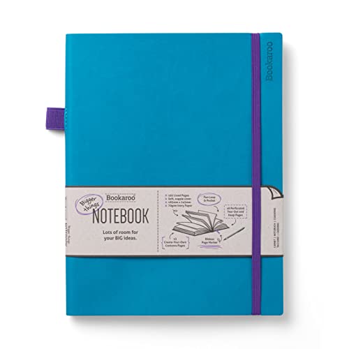 Turquoise notebook with purple elastic band and white label detailing.
