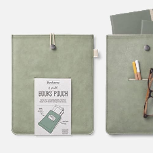 Sage green Bookaroo pouch with a button closure, holding pens, glasses, and a notebook.