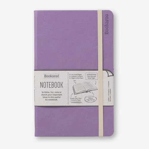 Purple A5 notebook with elastic band and page marker ribbon.