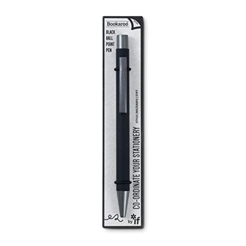 A black ballpoint pen with silver accents in its original branded retail packaging.