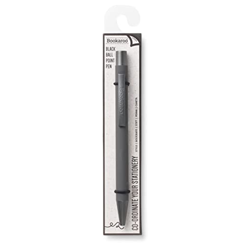 Charcoal gray Bookaroo ballpoint pen in vertical retail packaging with a hanging tab.