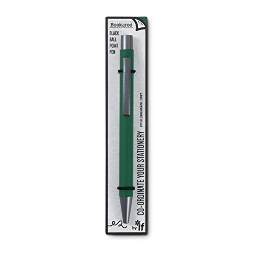 Forest green Bookaroo ballpoint pen in white and green packaging.