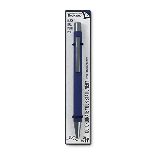 Navy blue Bookaroo ballpoint pen with a silver clip in its original retail packaging.