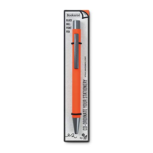 An orange ballpoint pen with a grey clip and tip in its retail packaging.