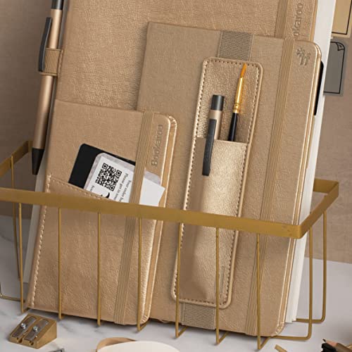 Gold Bookaroo pen pouch with pens, resting in a gold wire basket.