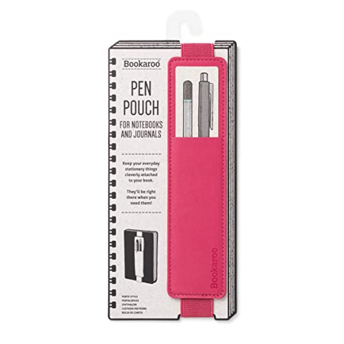 Pink Bookaroo pen pouch attached to a spiral-bound notebook.