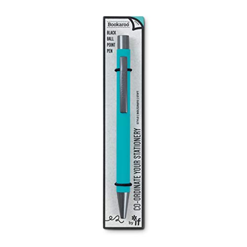 Turquoise Bookaroo ballpoint pen with silver accents in its original retail packaging.