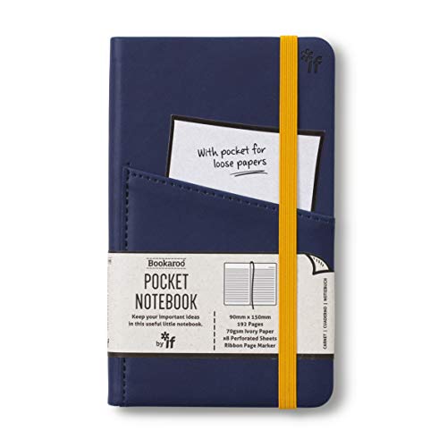 Navy blue A6 notebook with yellow elastic band and inner pocket.