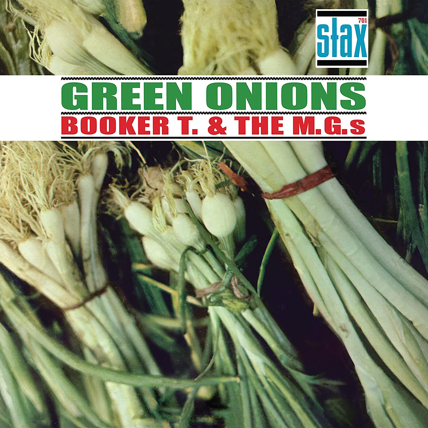 "Album cover featuring 'Green Onions' by Booker T. & The M.G.s with bundled green onions."