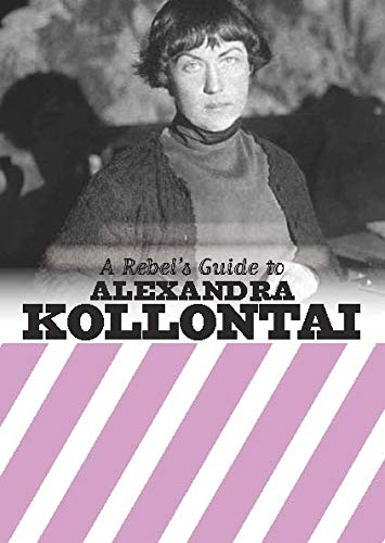 Black and white portrait of Alexandra Kollontai above text and pink diagonal stripes.