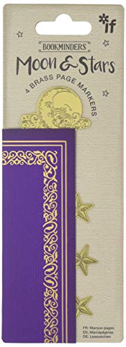 Gold moon and star shaped page markers on purple card packaging.