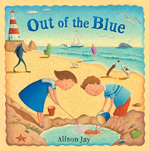 Children on a beach with a lighthouse, sailboat, and marine life.
