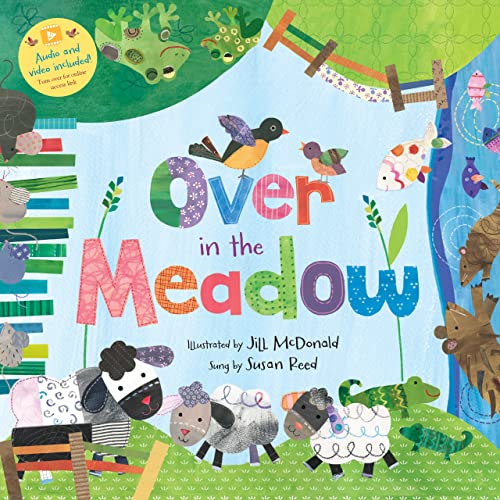 Children’s book cover, “Over in the Meadow,” with colorful animal illustrations.