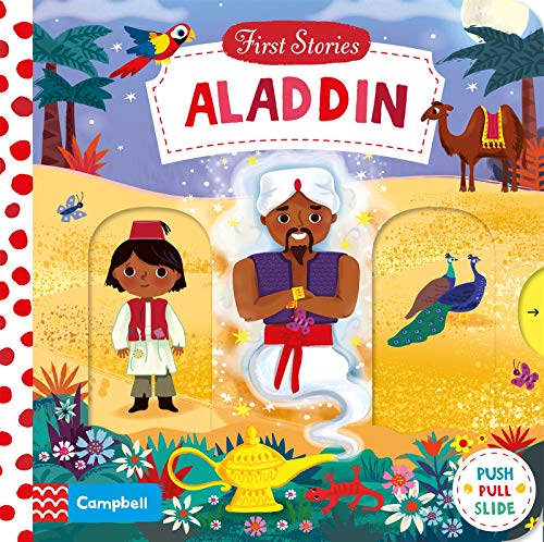 “Aladdin” storybook cover with characters, a genie, and a desert scene.