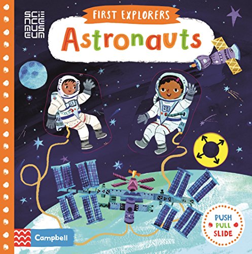 Two astronauts float in space above a space station in this illustrated children's book cover.