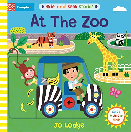 Children’s book cover: “At The Zoo” with animals and a safari vehicle.