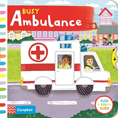 Illustrated children's book cover showing an ambulance with two paramedics driving through a town.