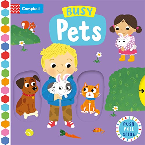 Children with pets—dog, cat, rabbit—featured on a colorful, interactive board book.