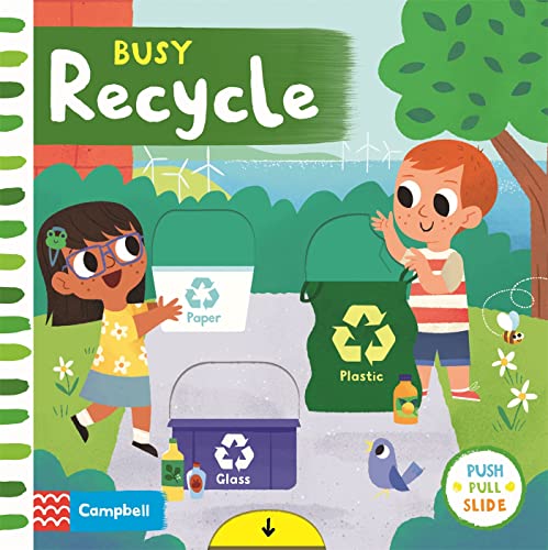 Busy Recycle" book cover shows children sorting recycling with bins.