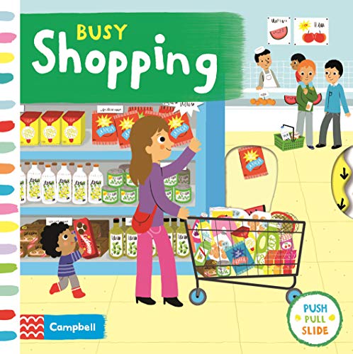 A woman and child shopping in a supermarket with a cart full of groceries.