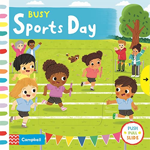 Children running a race on a green field, interactive book cover.