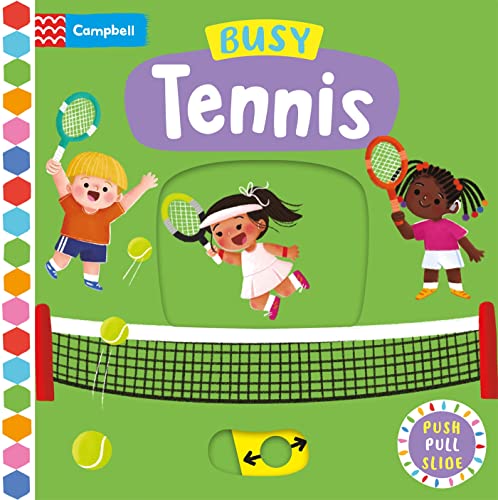Children's book cover titled Busy Tennis featuring three cartoon children playing tennis on court.