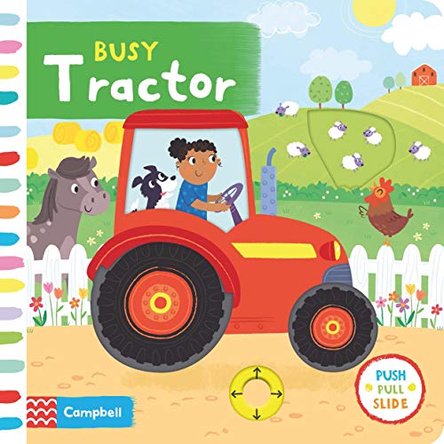Red tractor with a child driver, farm animals, and interactive elements.