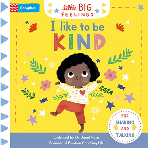 Yellow children’s book cover with a smiling child and floral decorations.