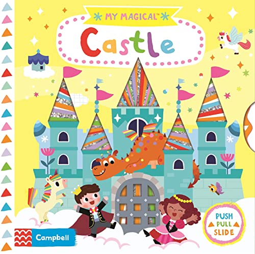 Book cover featuring a turquoise castle with a dragon, a prince, and a princess.