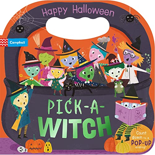 Shaped Halloween book cover with colorful witches and a spiderweb.