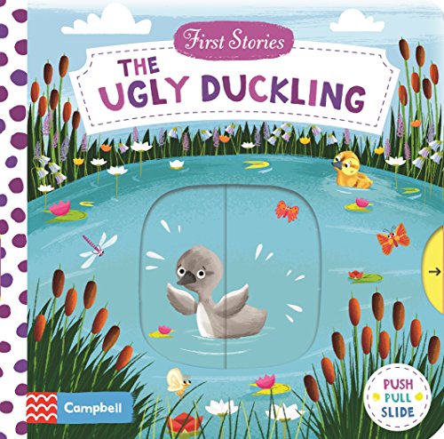 A gray duckling swims in a pond surrounded by reeds, butterflies, and water lilies.