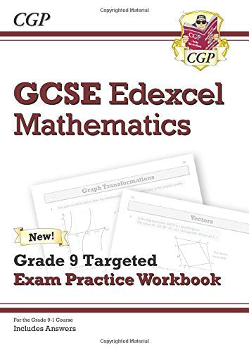 "White workbook cover with red text, maths graphs, and 'CGP' logo."