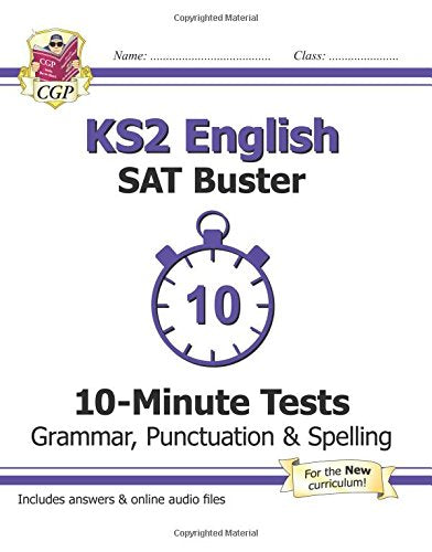 The image shows a white book cover with a stopwatch and purple accents. Alt text: White book cover with stopwatch, purple accents, and "KS2 English" text.