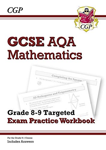 GCSE Maths AQA workbook with example problems and red text.